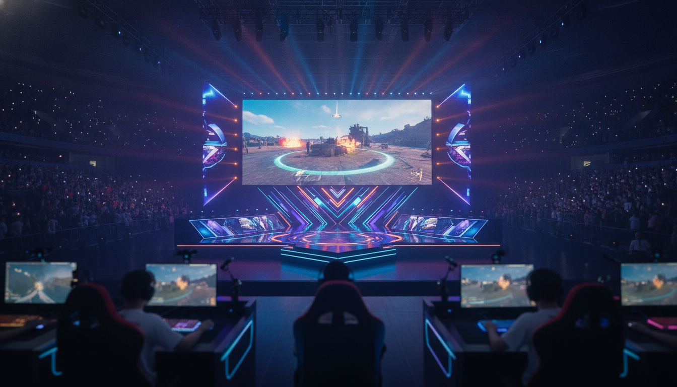 A dynamic wide shot of a professional esports arena during a PUBG tournament, featuring a large screen displaying intense gameplay.