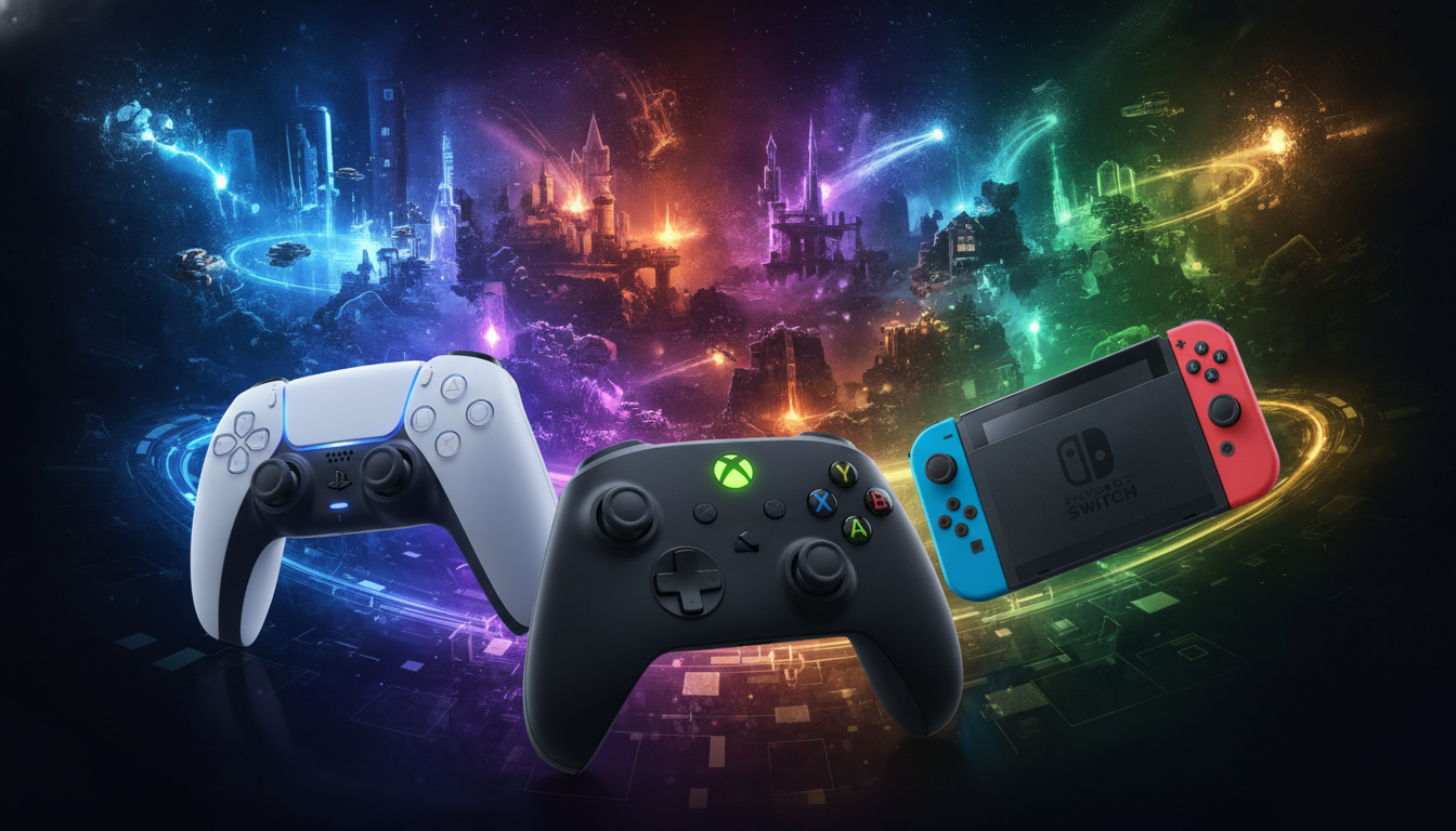 Controllers for PlayStation, Xbox, and Nintendo Switch 2 set against a backdrop of diverse digital game landscapes.
