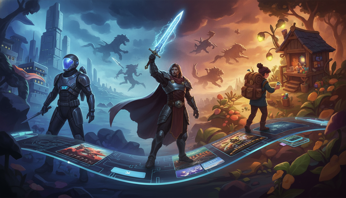 A vibrant illustration showcasing diverse PC game genres, symbolizing Steam's packed June 2026 lineup.
