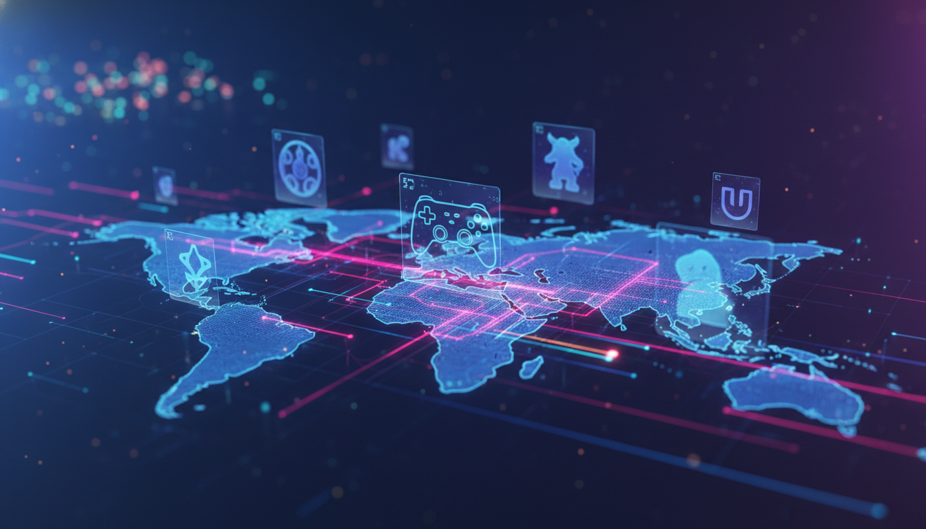 Abstract digital network connecting global gaming events and diverse gaming elements.