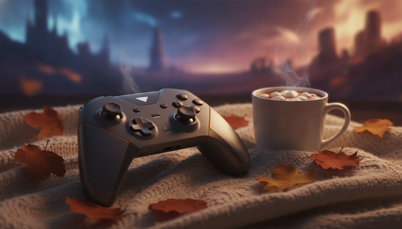 A gaming controller on a blanket surrounded by autumn leaves, symbolizing the upcoming season of new game releases and updates.
