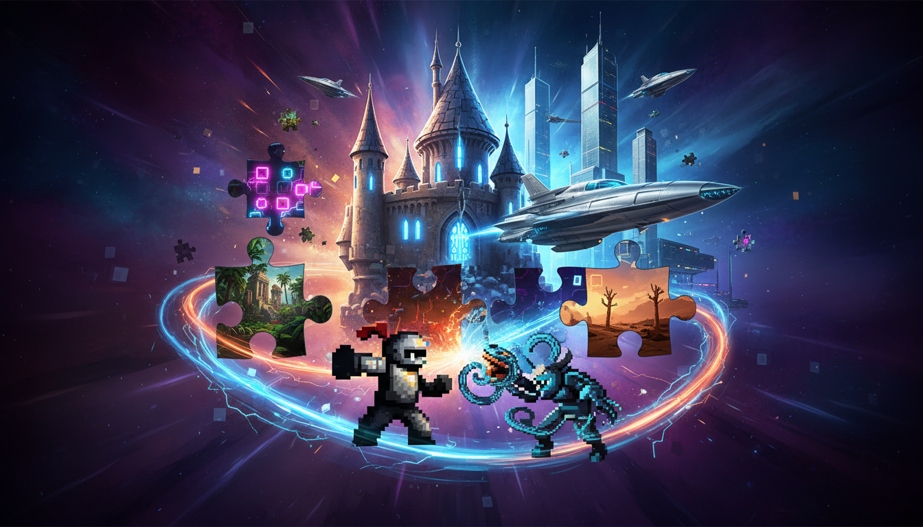 Dynamic montage of stylized elements representing various video game genres, showcasing the breadth of new releases and remakes.