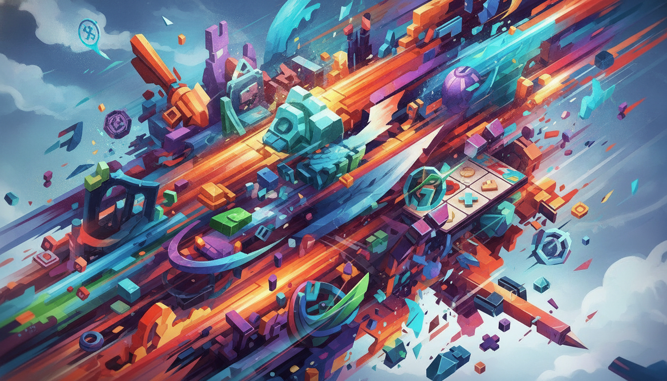 A dynamic and colorful abstract collage representing a wide range of global video game genres and upcoming releases.