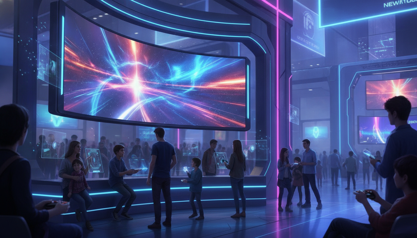 A group of diverse attendees immersed in playing video games at a modern, high-tech gaming exhibition booth.