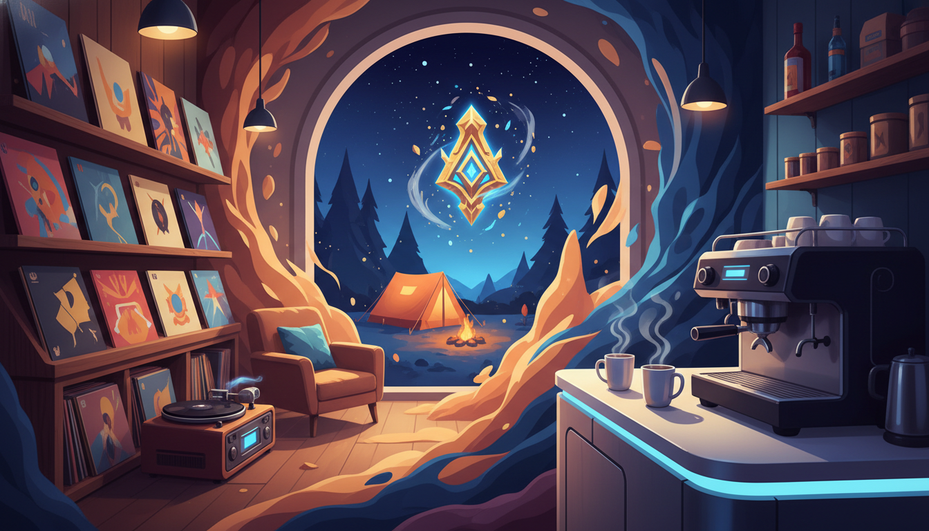 An artistic blend of stylized scenes: a cozy record store, a futuristic cafe, a serene campsite, and a glowing artifact, representing diverse and unique video game narratives.
