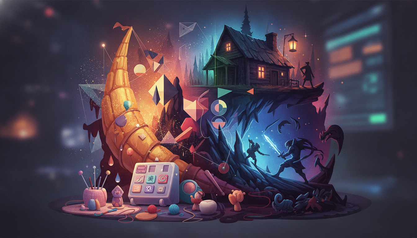 A vibrant, artistic collage representing the diverse genres of indie games, including crafting, RPGs, puzzles, and horror.