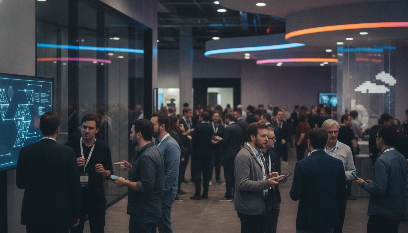 Game developers networking and collaborating in a vibrant conference setting.