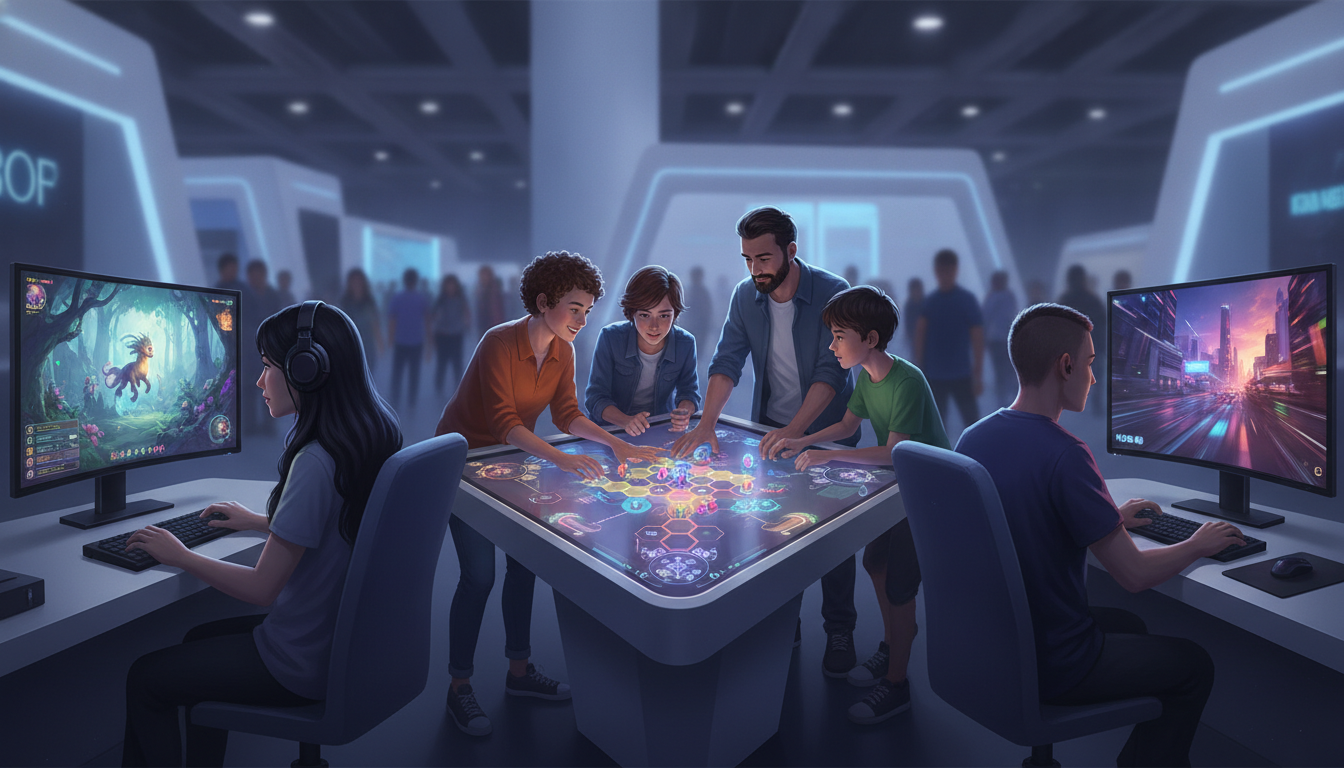 Diverse gamers engaging with a variety of video game genres at an exhibition.