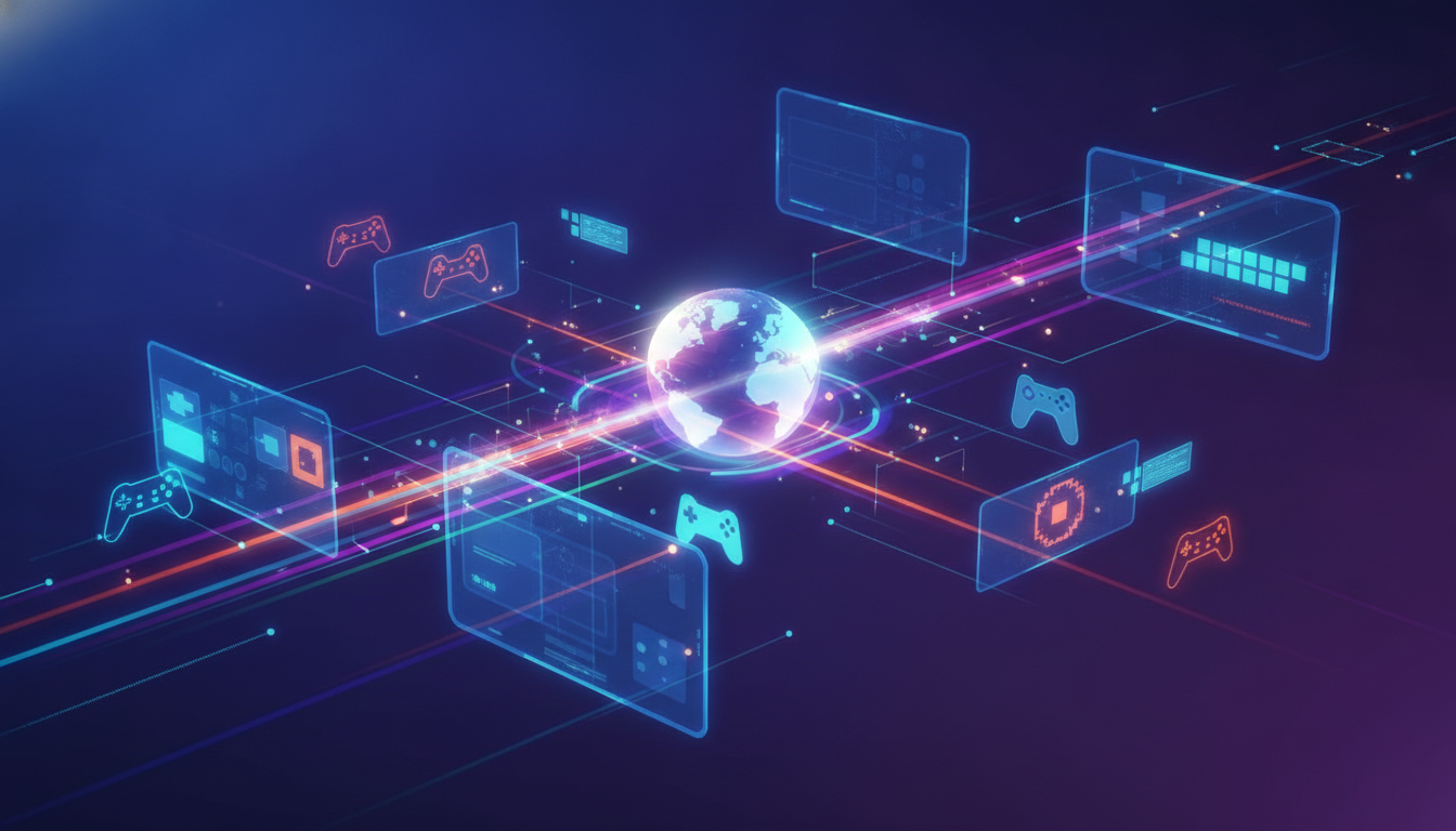 Dynamic illustration of global gaming events and digital showcases.