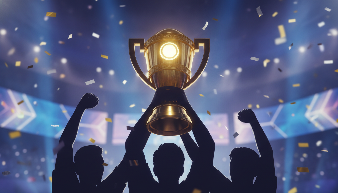 The gleaming Aegis of Champions trophy held high by silhouetted figures amidst falling confetti on a brightly lit esports stage, symbolizing victory.