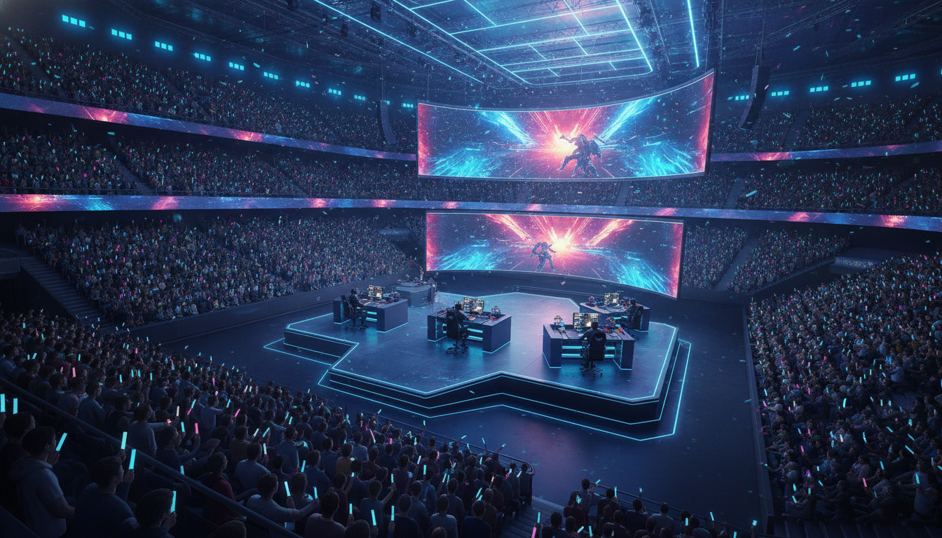 A bustling futuristic esports arena during an Apex Legends tournament.