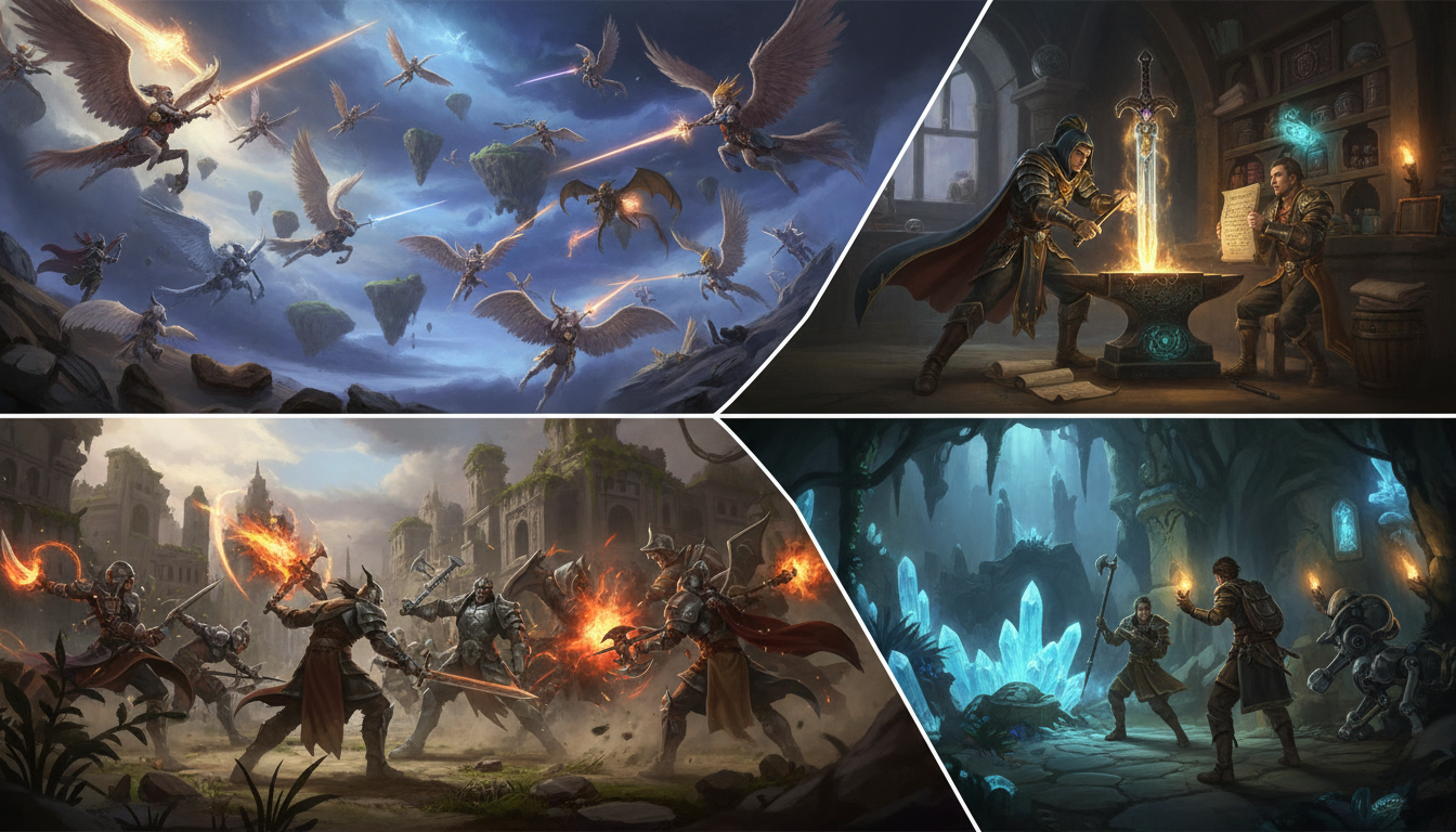 A visual collage depicting diverse MMORPG gameplay, including aerial combat, ground battles, and exploration/crafting.