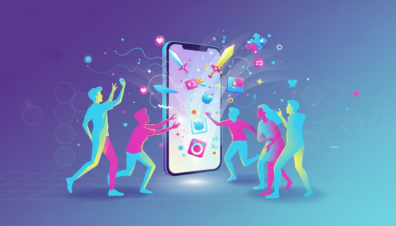 A stylized illustration of a smartphone radiating digital light and game icons, surrounded by energetic silhouettes of teenagers, symbolizing mobile game discovery and viral trends on social media.