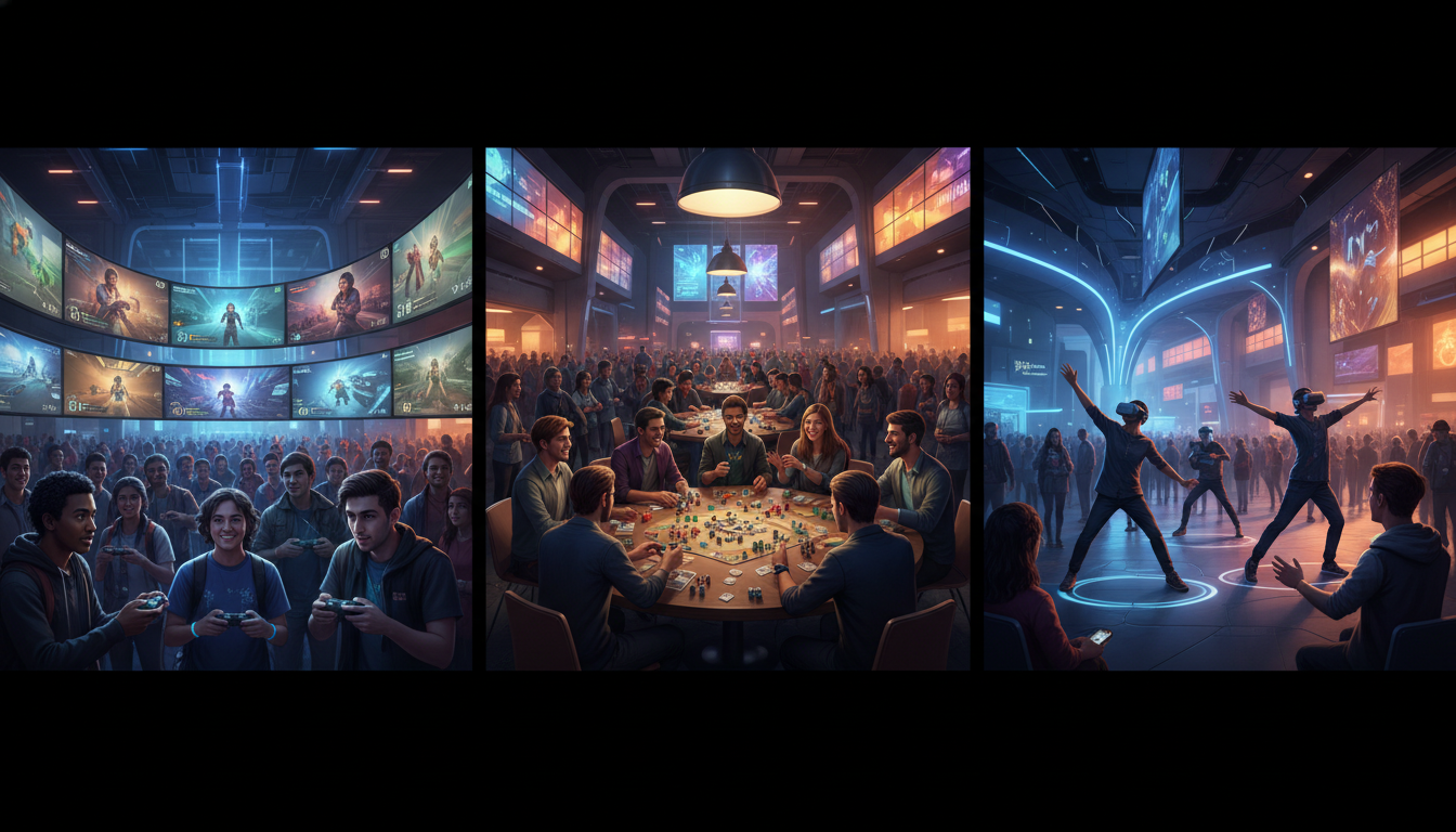 Diverse gamers engaging in video games, tabletop games, and virtual reality experiences at a large convention.