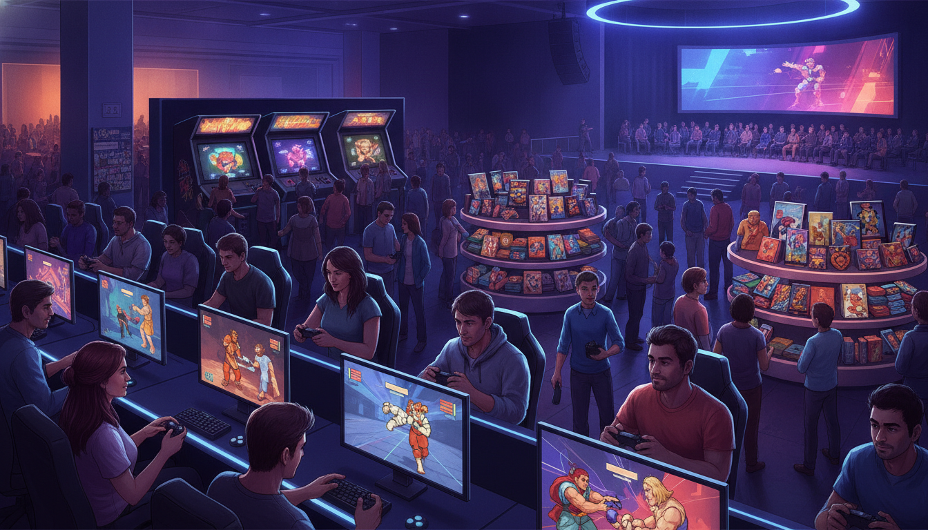 A bustling illustration of a fighting game convention floor, featuring attendees playing various games, classic arcade machines, and vendor booths, representing the full EVO 2026 experience.