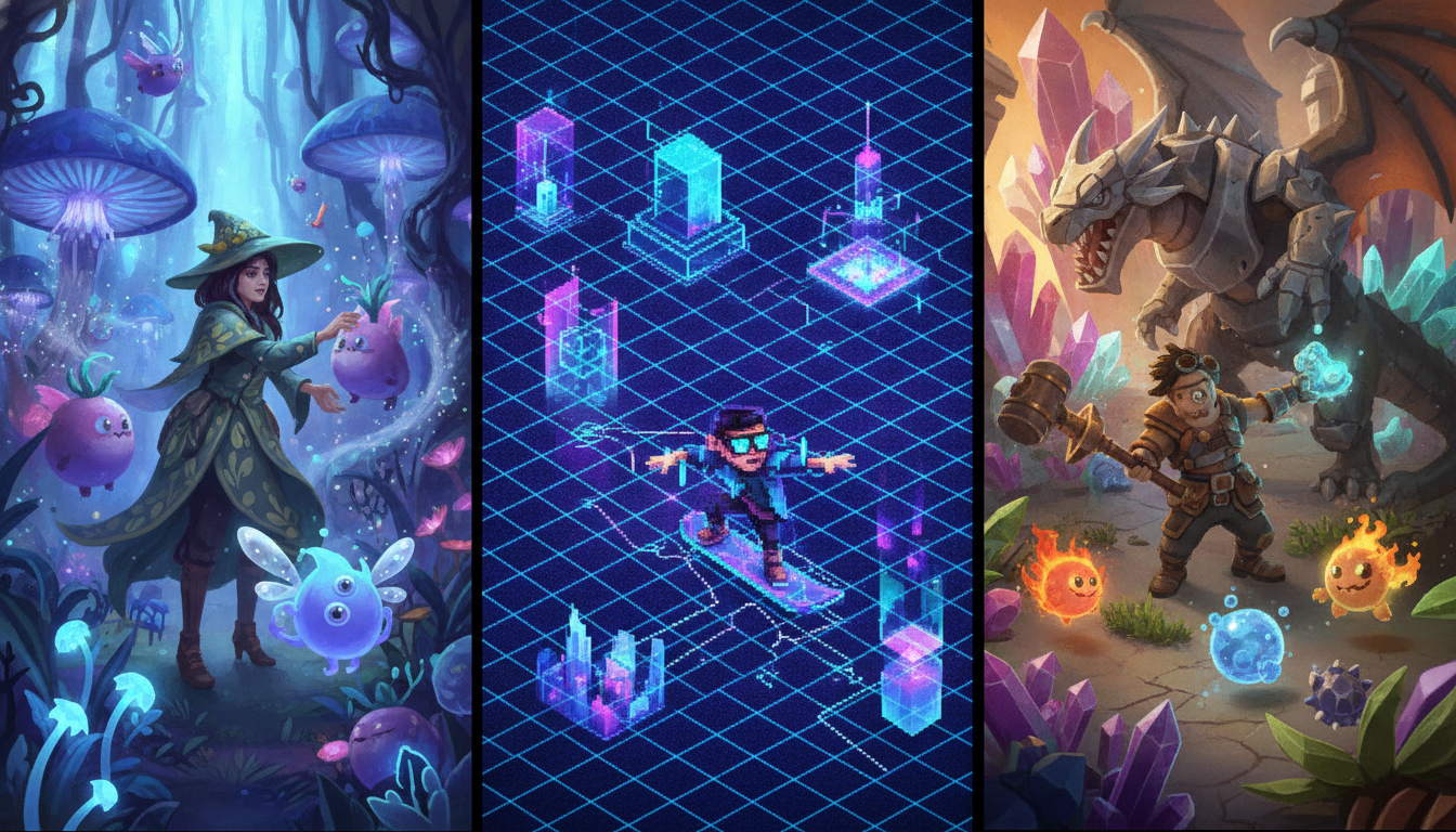 A three-panel illustration depicting scenes from different mobile game genres: farming, retro internet exploration, and monster collecting.