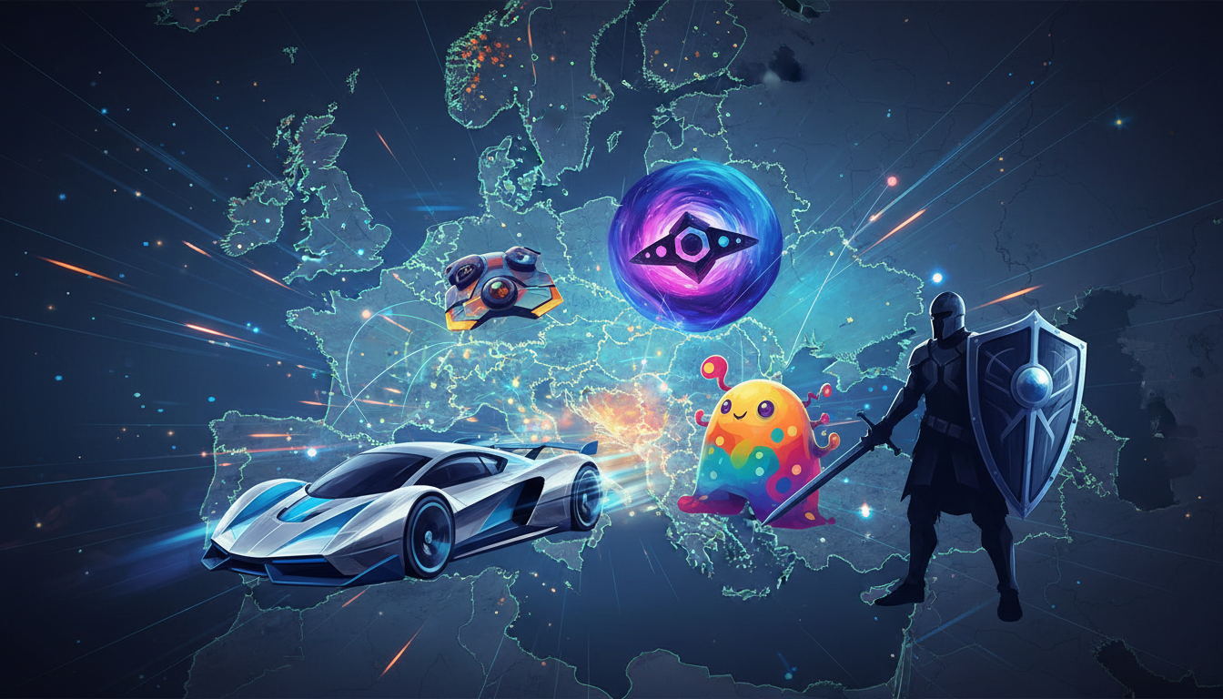A vibrant digital collage symbolizing diverse new video game releases across Europe, featuring elements of racing, sci-fi, and indie genres.