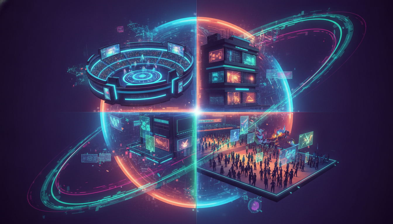 A vibrant, abstract collage symbolizing the diverse global gaming industry, including esports, game development, and fan expos.