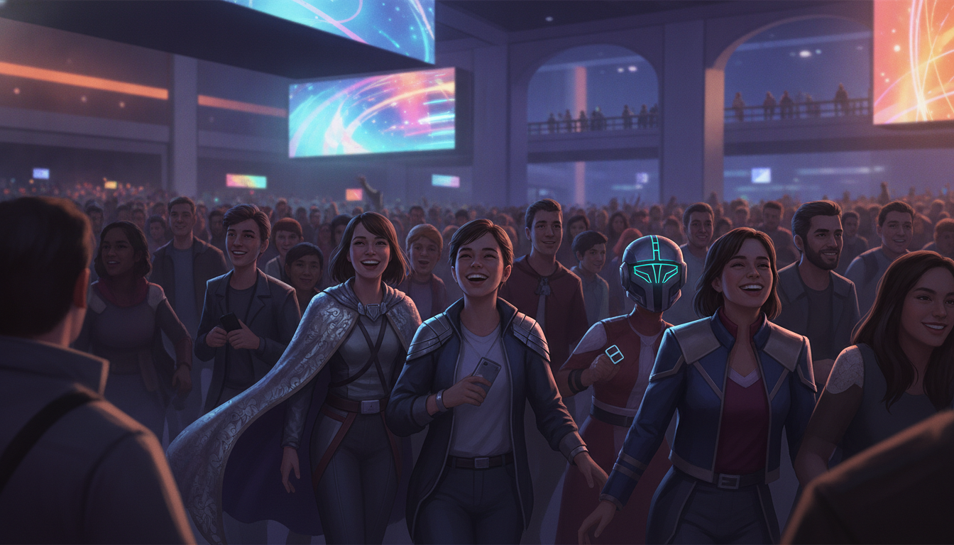 A diverse crowd of attendees enjoying the vibrant, high-energy atmosphere inside a large pop culture convention.
