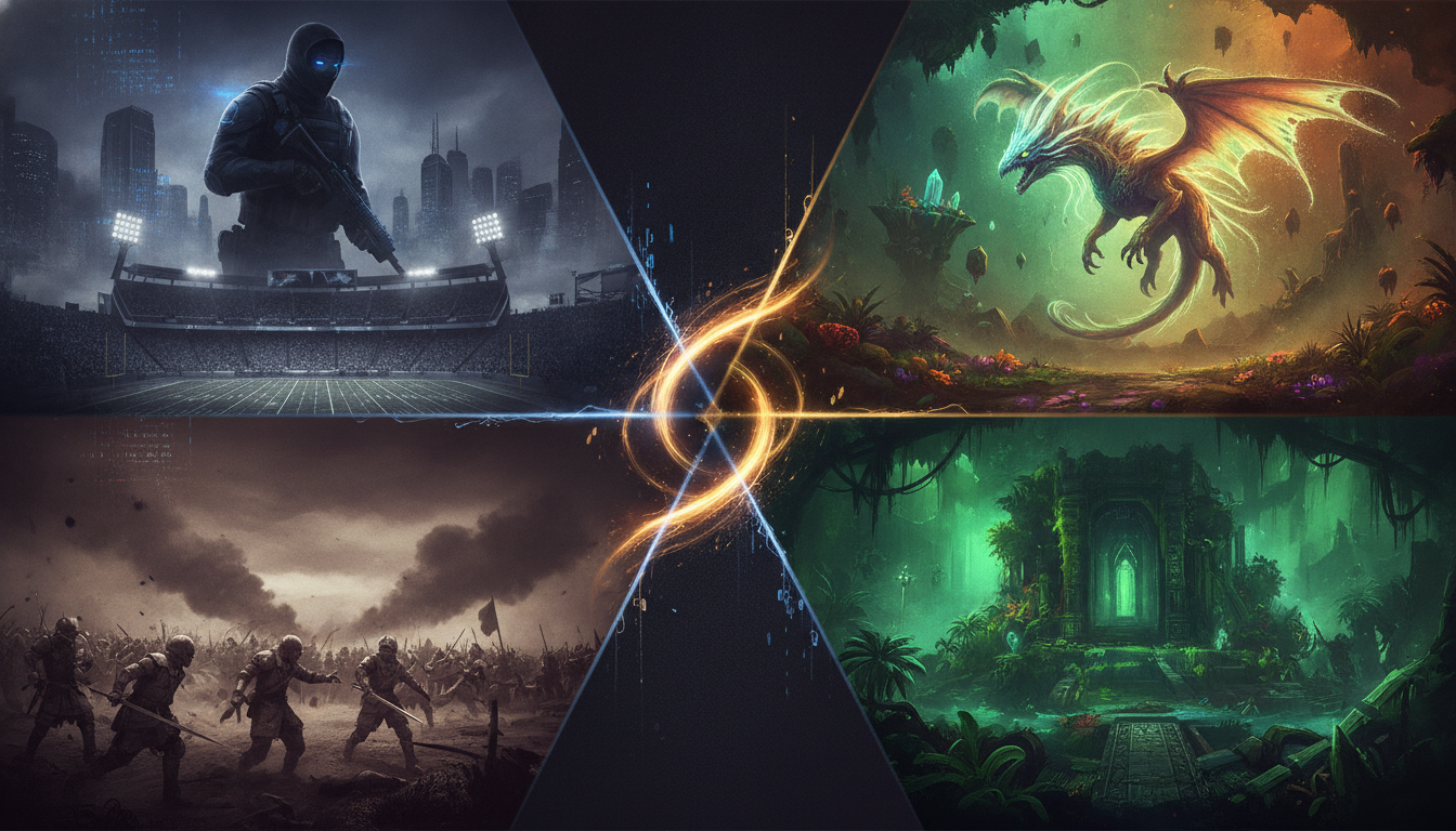 Digital art contrasting established video game franchises with new and emerging intellectual properties.