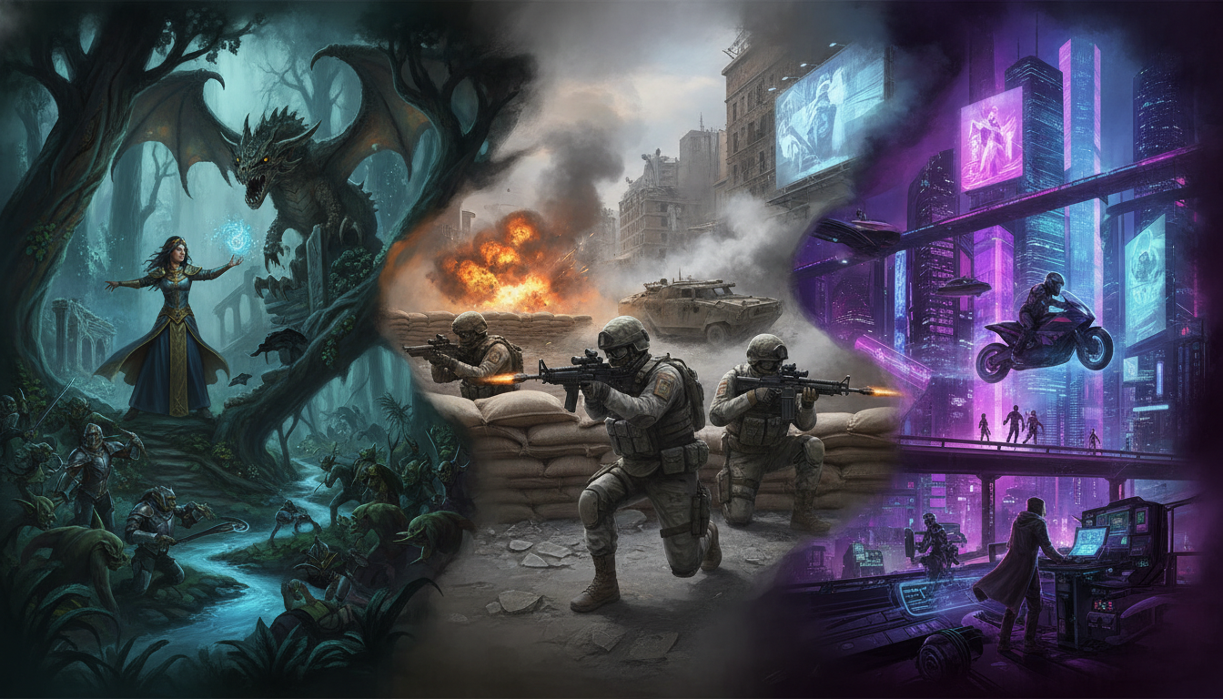 Mosaic of distinct gaming environments representing diverse PC game genres.