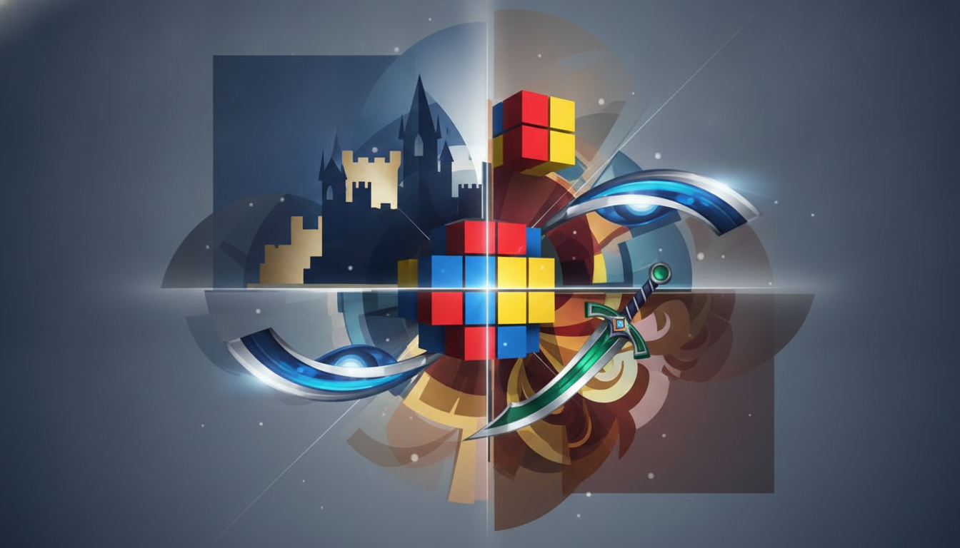 Abstract visual collage representing diverse European video game genres and iconic IPs.