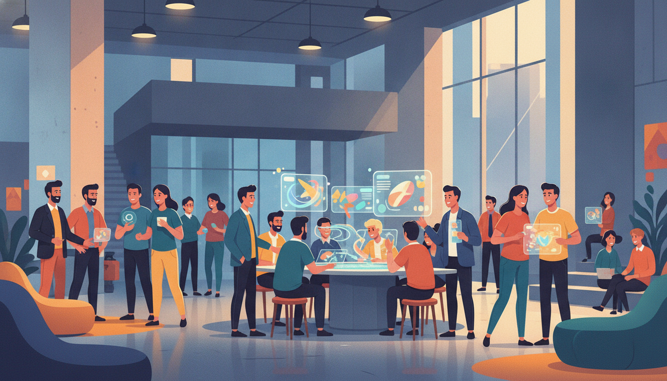 Stylized illustration of indie game developers networking and collaborating at an industry event.