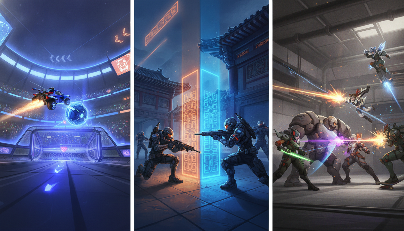 Three distinct scenes depicting high-stakes moments from Rocket League, a tactical shooter, and Overwatch esports matches in futuristic arenas.