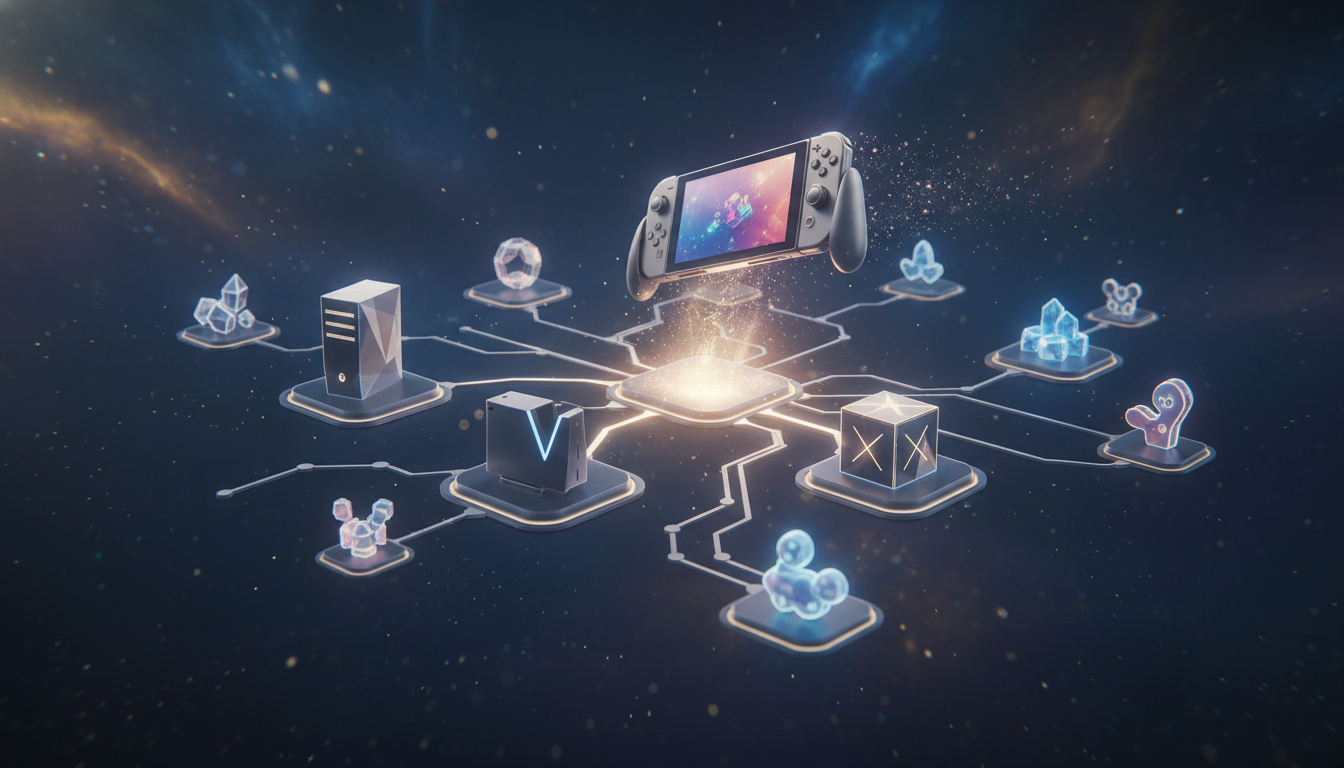 A stylized visual depicting the evolving gaming platform landscape, showing interconnected PC, console, and handheld icons, reflecting market trends.