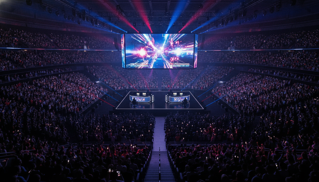 A large esports arena filled with an enthusiastic crowd watching a fighting game tournament on a brightly lit stage.
