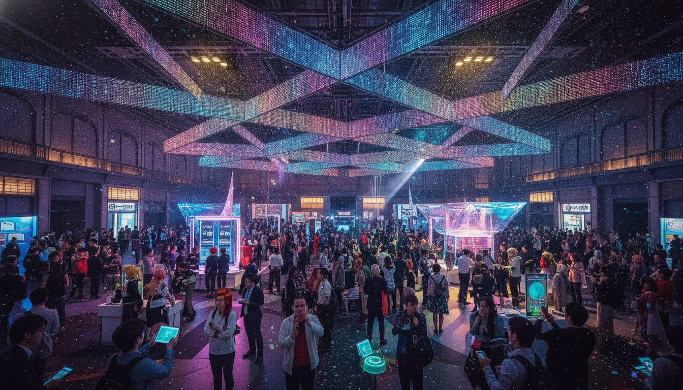 A large, modern convention center bustling with a diverse crowd, celebrating a major international gaming event with vibrant lighting.