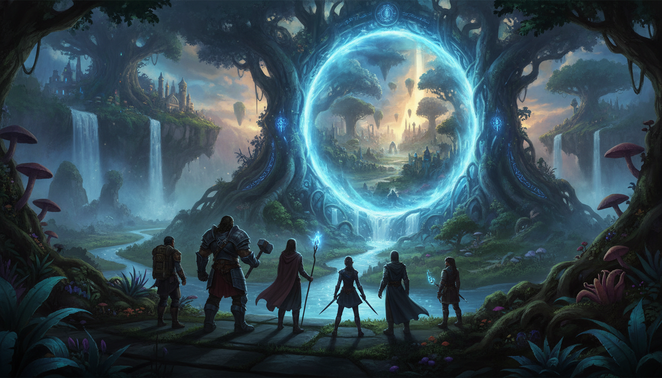 A diverse group of fantasy adventurers gazing at a new, magical world through a portal, symbolizing new MMORPG releases.