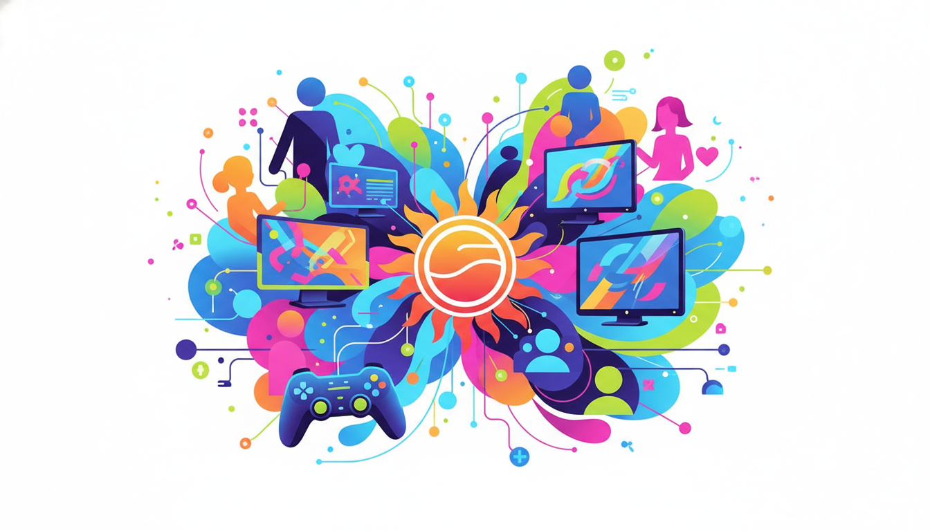 Abstract illustration of diverse gaming elements converging, symbolizing global summer gaming events.