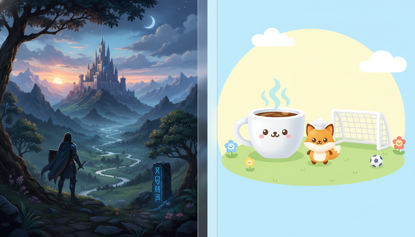 A contrasting image showing an epic fantasy MMORPG world on one side and casual game elements like a coffee cup, a cartoon pet, and a soccer goal on the other.
