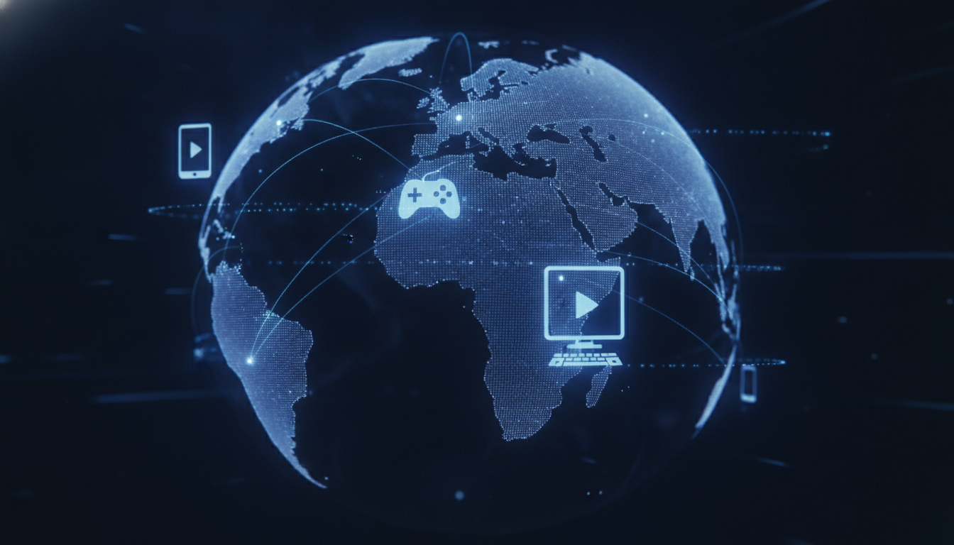 Abstract visualization of global gaming market data and interconnected trends.