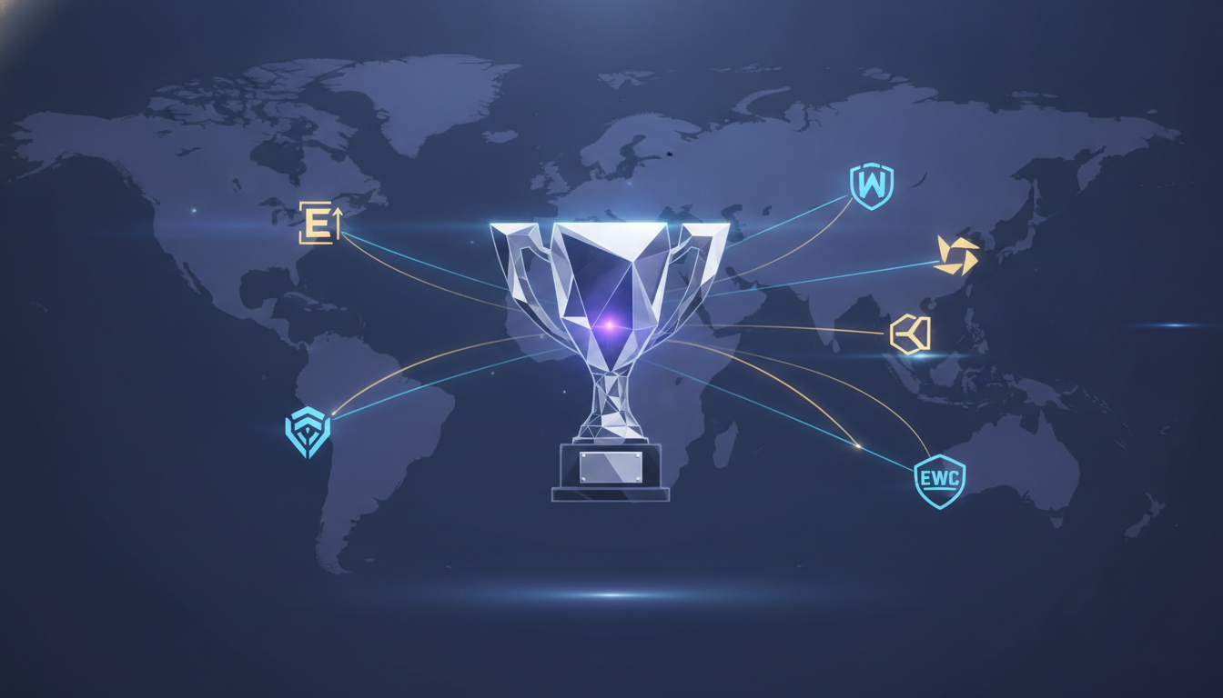 A stylized global map with interconnected paths and icons, visually representing the Capcom Pro Tour leading to a central championship trophy.