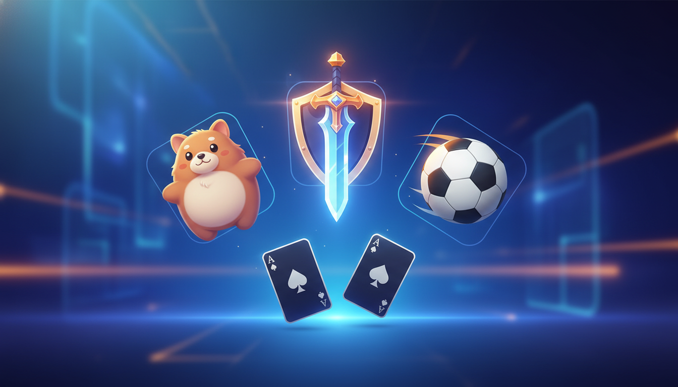 An illustration representing the diverse genres of new mobile game releases, including RPGs, sports, virtual pets, and card games.
