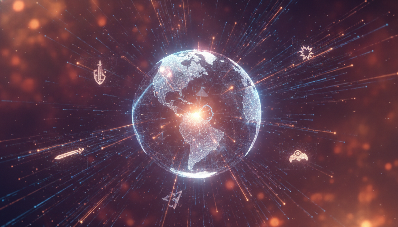Abstract digital art showing interconnected gaming elements around a glowing globe, symbolizing global game releases and events.