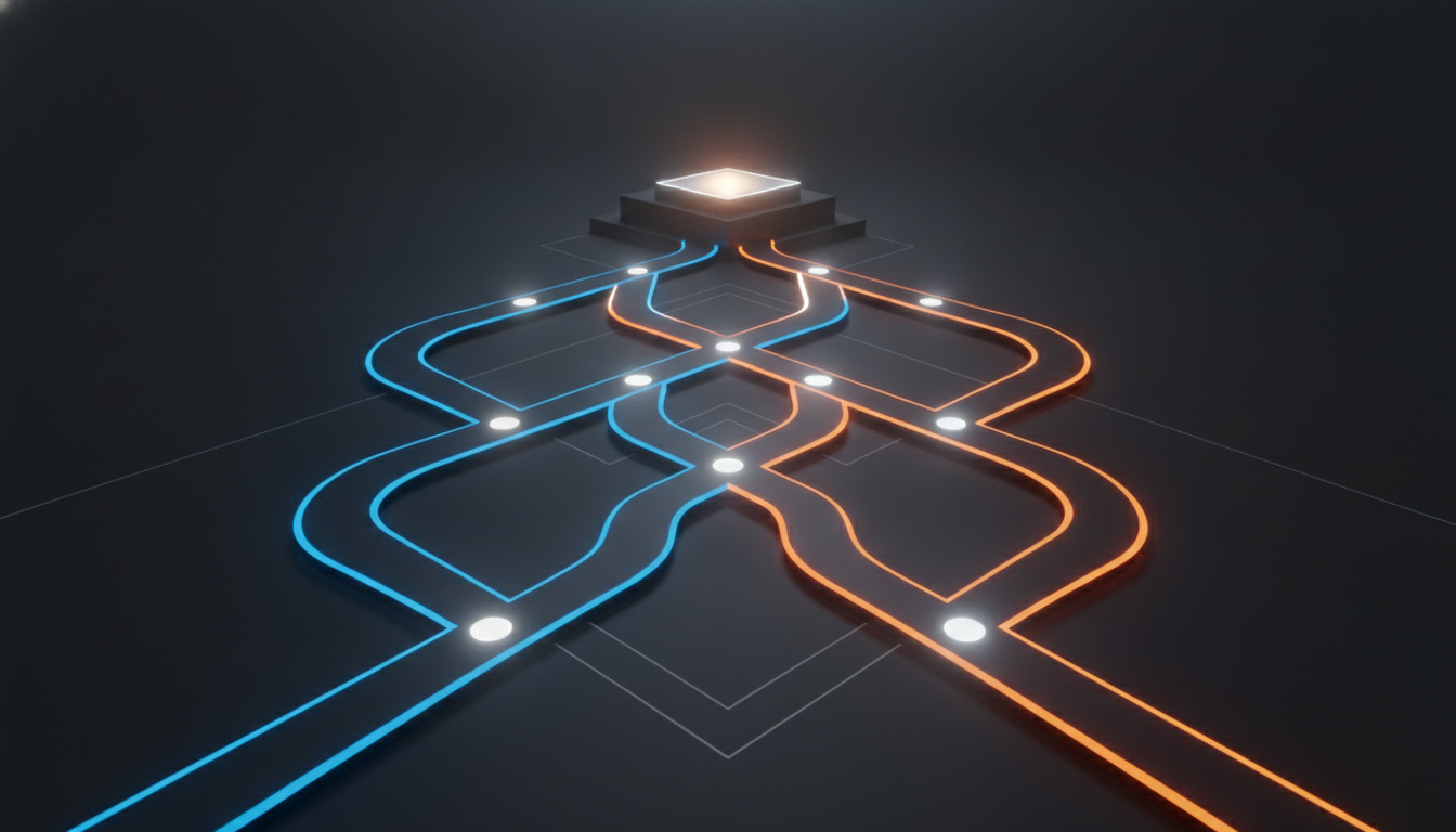 An abstract visual representing a competitive esports tournament bracket with two distinct group stages merging into a complex playoff structure leading to a championship.