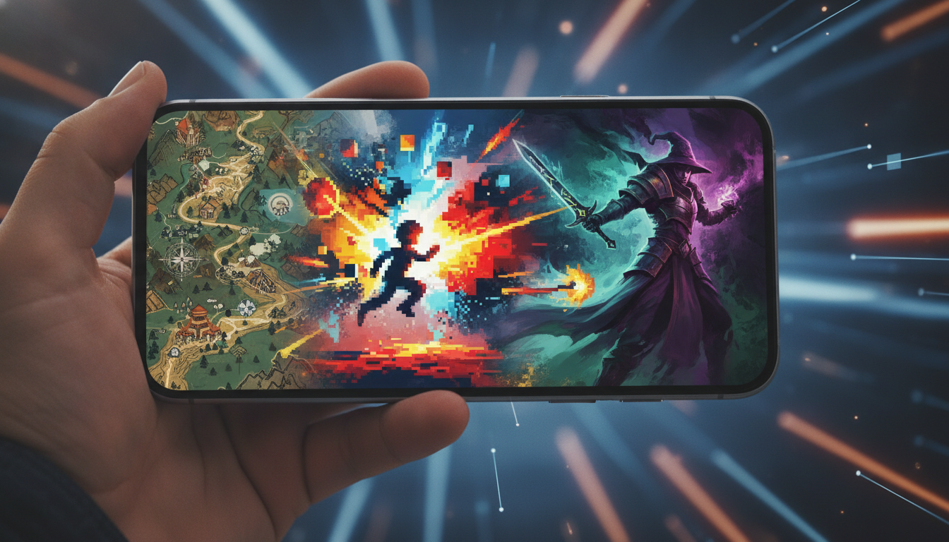 A smartphone displaying a vibrant collage of abstract mobile game genres, symbolizing new releases.