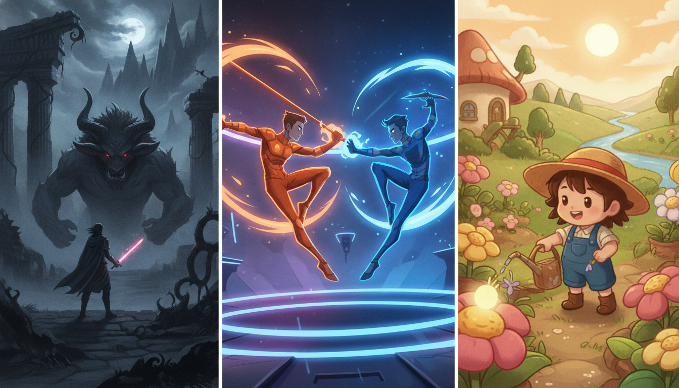 A triptych comparing three distinct video game genres: dark fantasy action, futuristic fighting, and cozy life simulation.