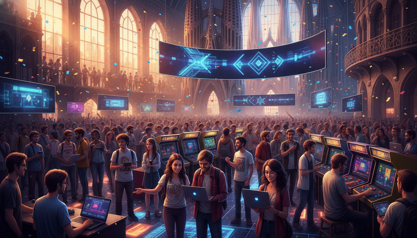 A vibrant illustration of a diverse crowd at a gaming festival in Barcelona, blending modern and retro game elements.