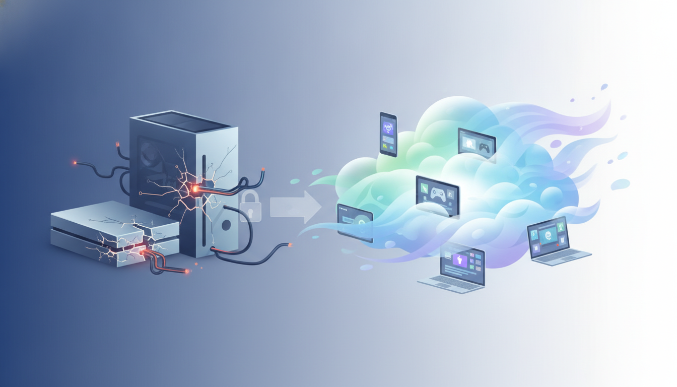 Illustration contrasting traditional gaming hardware with a flowing cloud-based, cross-platform gaming future, hinting at supply chain issues.