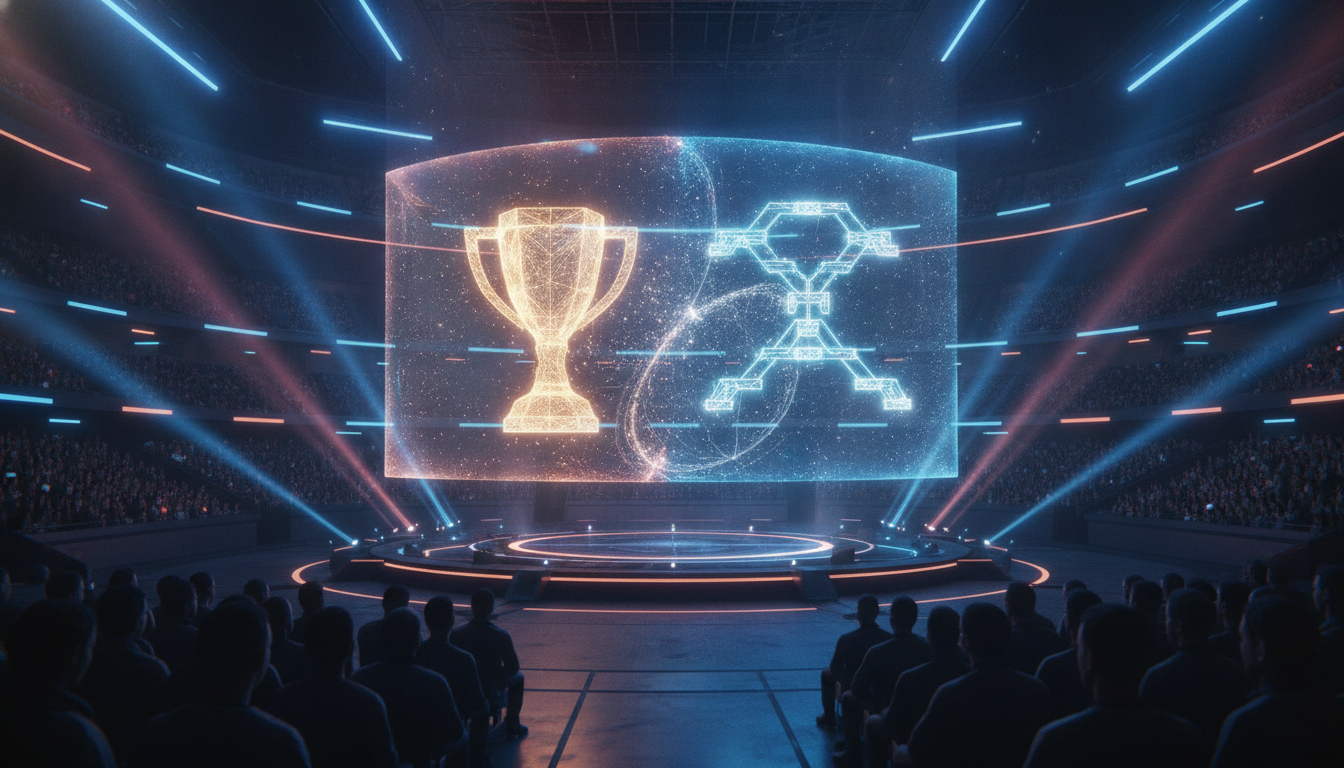 A dynamic, high-energy scene of an Overwatch esports arena, symbolizing the convergence of global championships and qualifying tournaments.