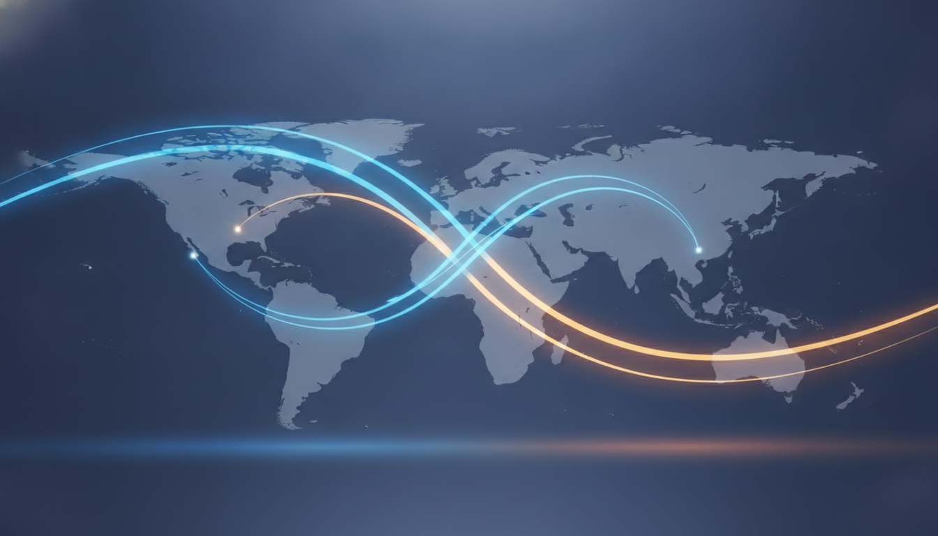 An abstract, high-tech visual of two digital pathways merging over a global map, symbolizing the integration and expansion of competitive esports.