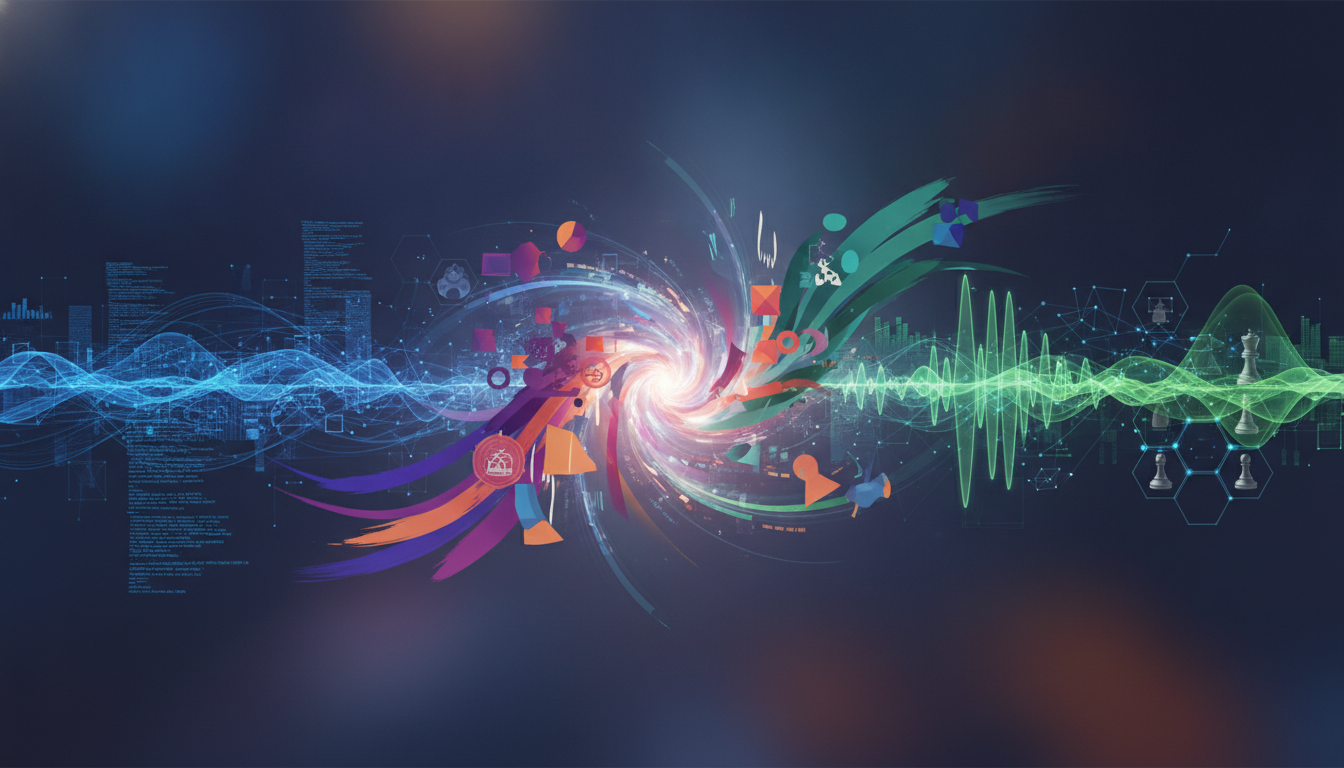Abstract visual representing the integration of game development disciplines like coding, art, and design.