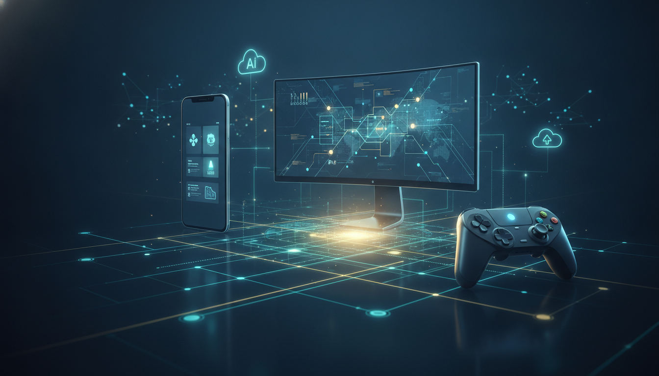 A digital illustration showing a global network of gaming devices and technologies, symbolizing growth and innovation in the industry.