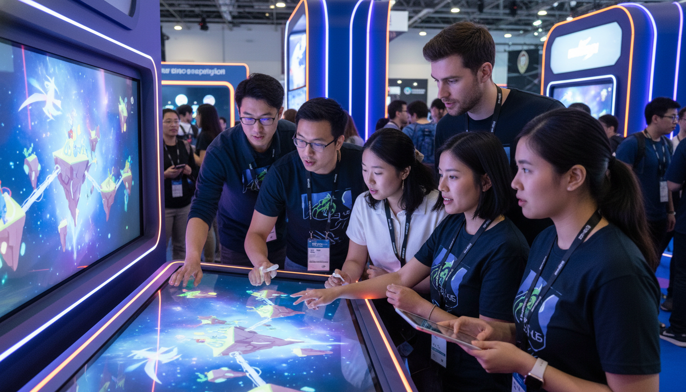 Indie game developers showcasing a creative new game at a lively expo booth.