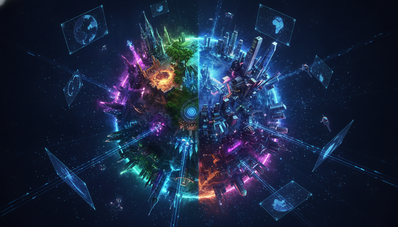 A digital illustration of interconnected fantasy and sci-fi MMORPG worlds, symbolizing the global gaming landscape.