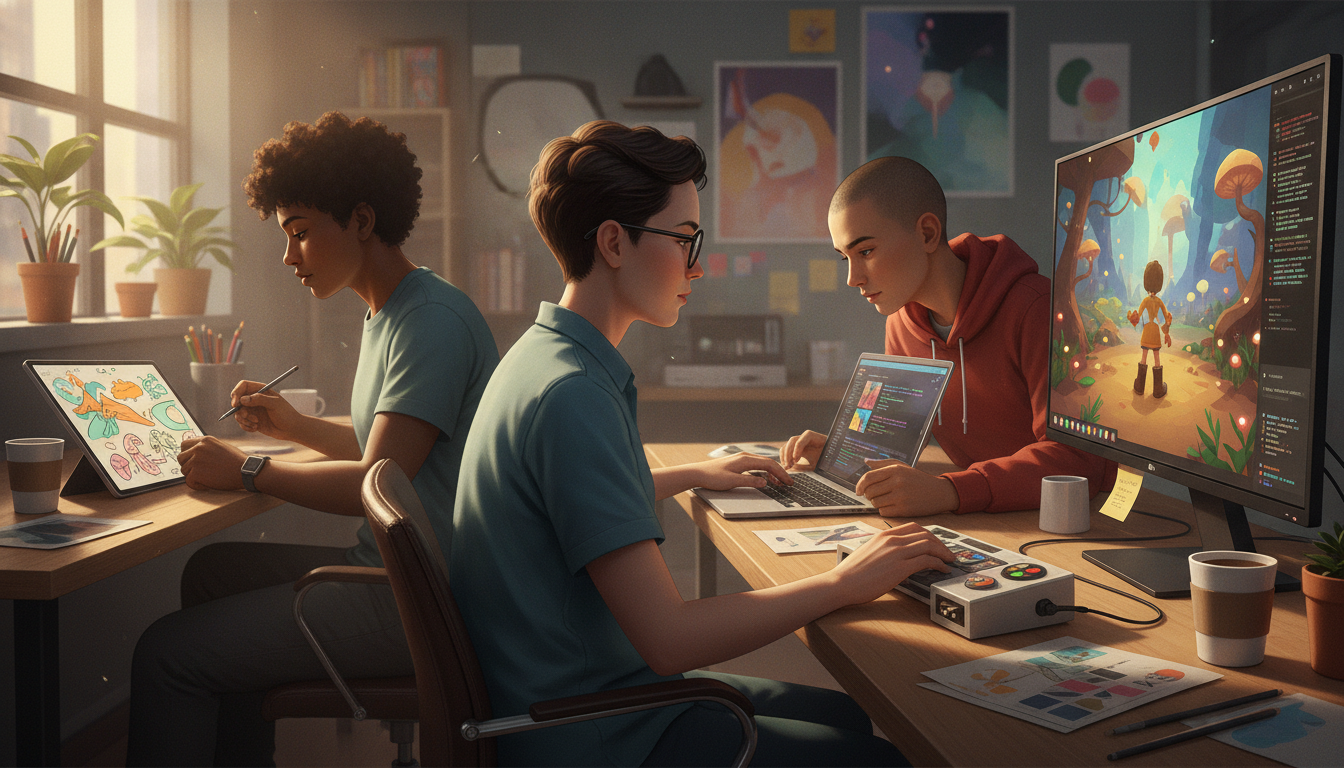 Indie game developers collaborating on a new project, sketching ideas, coding, and playtesting in a creative studio environment.